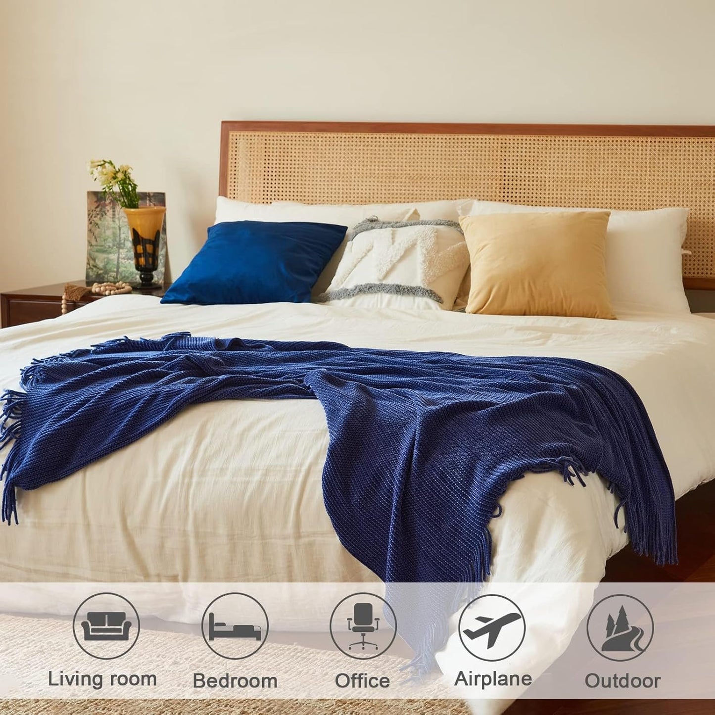 lifein Throw Blanket for Couch, Soft Boho Decor Bed Throw,Cozy Blue Chenille Knitted Small Farmhouse Lightweight Throw (Blue,60 * 80")