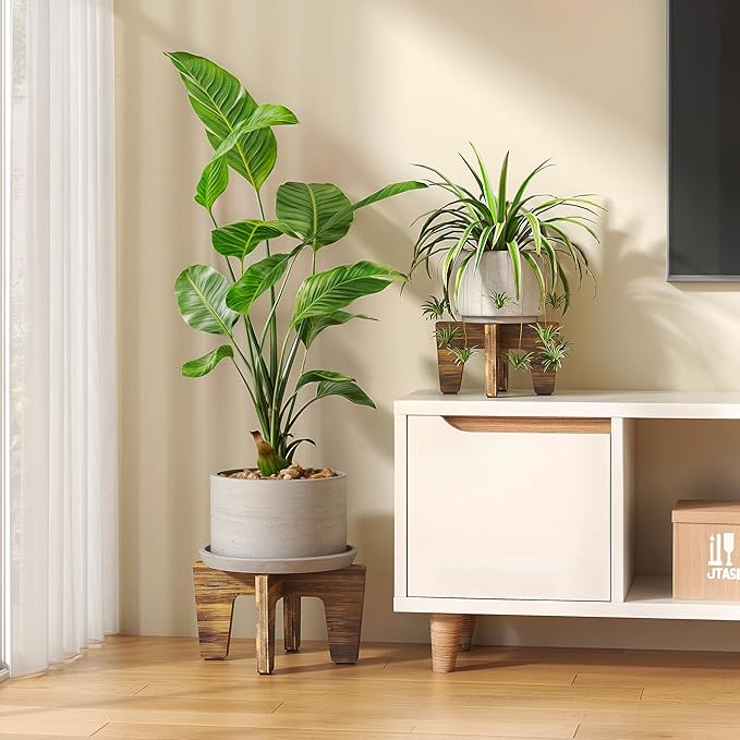Plant Stands Indoor Outdoor, Plant Risers for Inside Pots Sturdy Short Plants Holder, Flower Pot Stand for Indoor Plants, Small Single Floor Plant Bamboo Display Stand (Brown 12“ (2 pack))