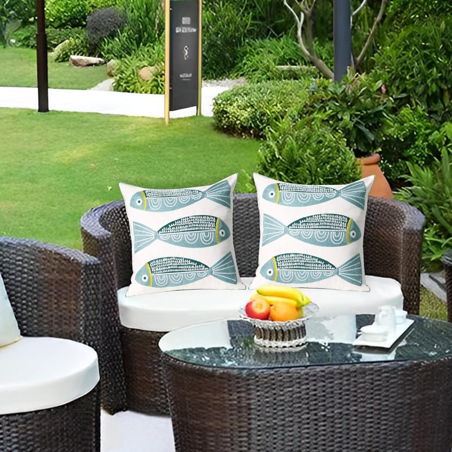 1 PCS Embroidered Throw Pillow Cover Cotton Decorative Square Cushion Cases for Home Sofa Bed and Chair 18 x 18 Inch (Blue Fish)