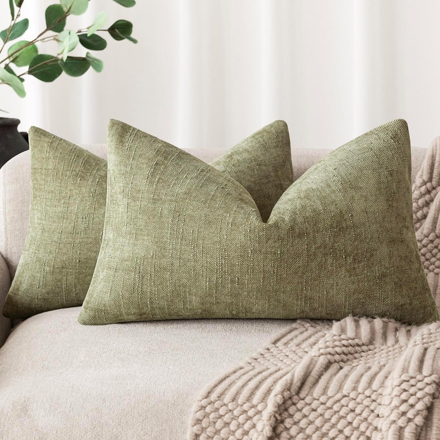Foindtower Pack of 2 Textured Chenille Throw Decorative Pillow Covers Square Accent Solid Cushion Cover Neutral Farmhouse Lumbar Pillow Case for Couch Sofa Bedroom Living Room 12x20 Inch,Sage Green