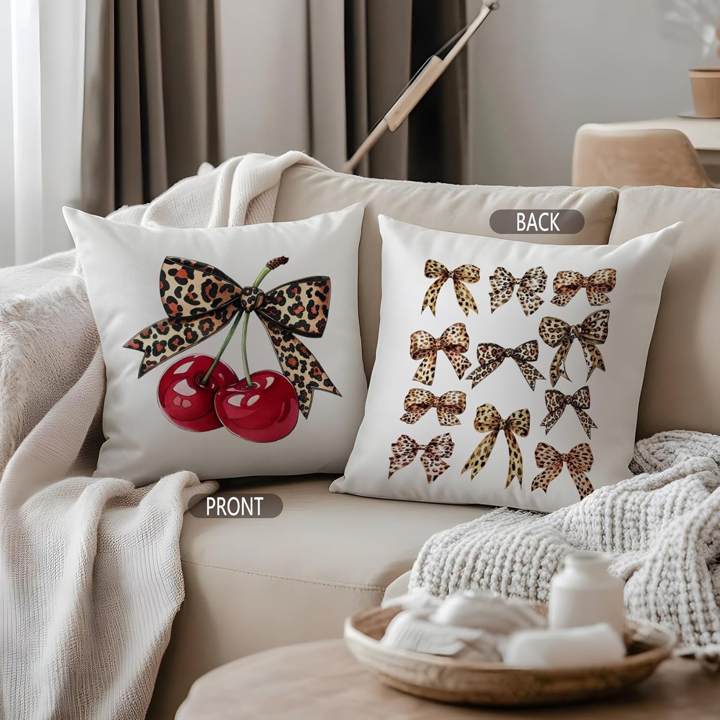 Coquette Leopard Bow Cherry Pillow Covers 18x18, Coquette Cheetah Print Room Decor, Preppy Girly Trendy Leopard Ribbon Cherry Decorative Throw Pillow Covers for Girls Dorm Apartment