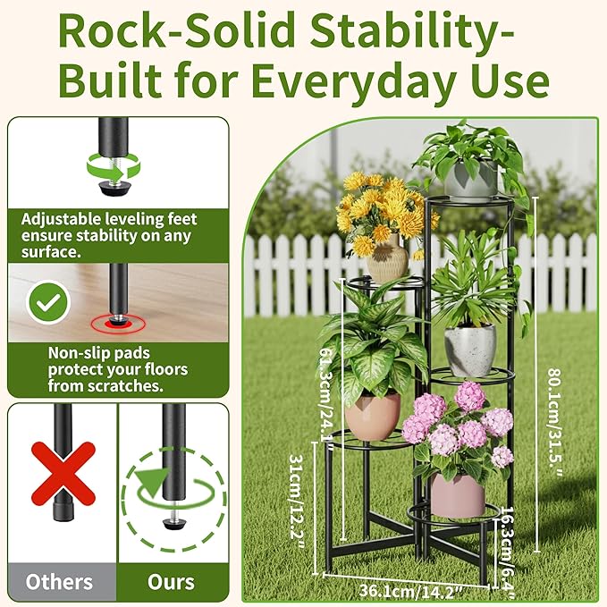 Corner Plant Stand Indoor Outdoor Tall Metal Flower Pot Stands for Multiple Plants 5 Tier Heavy Duty Plant Shelf for Patio Garden Balcony Living Room Bedroom Black Kite