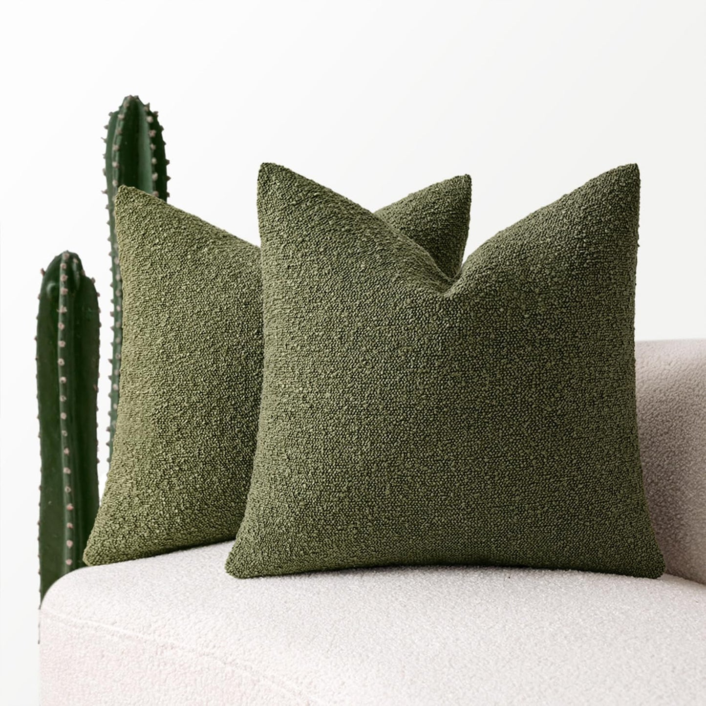 MIULEE 20x20 Inch Decorative Pillow Covers for Couch Bed Set of 2 Textured Boucle Neutral Winter Throw Pillows Olive Green Accent Solid Cushion Pillowcases Sofa Livingroom Home Decor