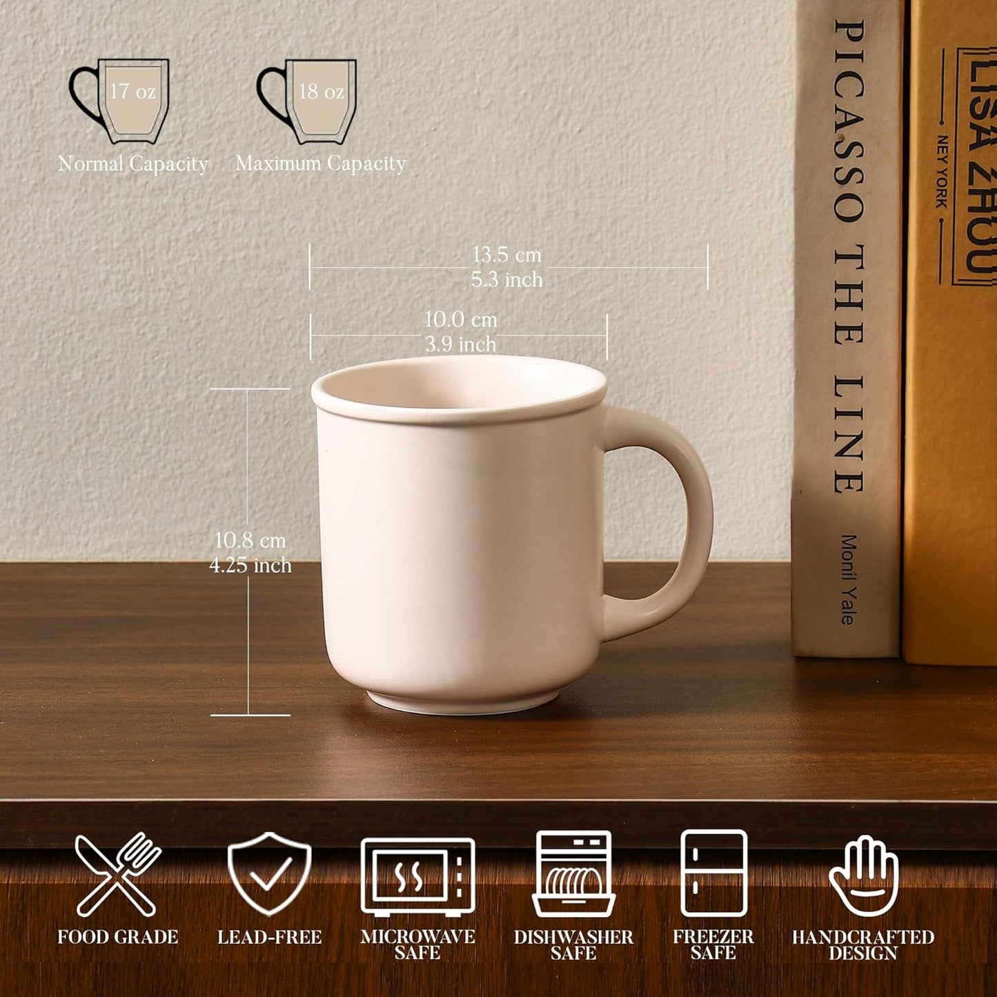 GZG 18 oz Coffee Mugs Set of 4, Modern Ceramic Coffee Cups Set with Handle, Large Coffee Mugs for Tea, Latte, Milk, Cocoa, Rustic Matte Glaze, Microwave & Dishwasher Safe(Cream Mist)