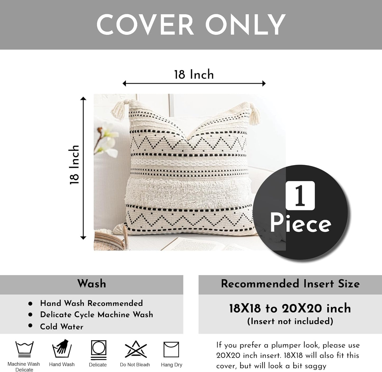 BlissBlush Decorative Throw Pillow Cover 18X18 Square Boho Black Neutral White Accent Pillowcase Tassels Farmhouse Cushion for Couch Sofa Bedroom Living Room Home Décor (Cover ONLY, Pack of 1)