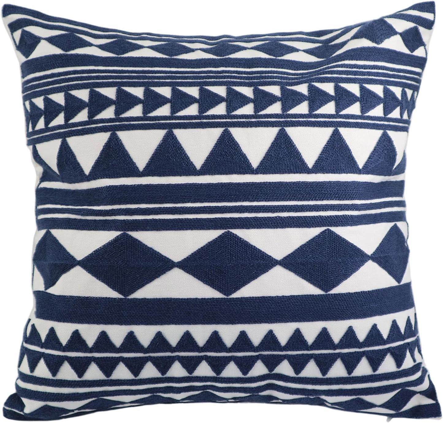 Embroidery Throw Pillow Cover 18x18 Home Décor Navy Blue Geometric Cushion Cover Diamond Triangle Pillow Case Floor Pillow Cover for Couch Sofa Chair 100% Cotton 45x45cm, 1 Piece