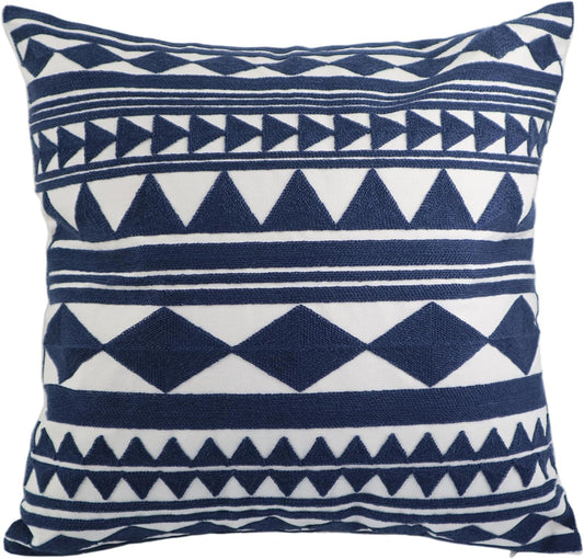 Embroidery Throw Pillow Cover 18x18 Home Décor Navy Blue Geometric Cushion Cover Diamond Triangle Pillow Case Floor Pillow Cover for Couch Sofa Chair 100% Cotton 45x45cm, 1 Piece