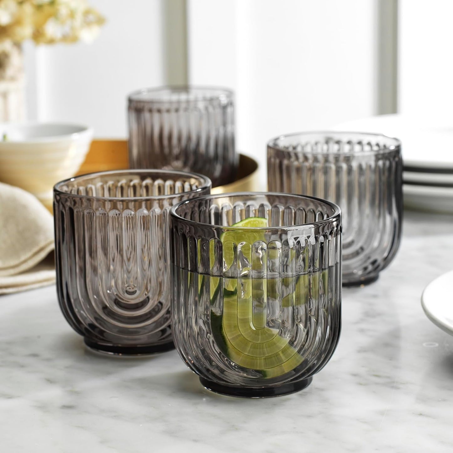 Glaver's Vintage Glassware Art Deco Glasse Ribbed Drinking Glasses U-Shape Arch Design Colored Cocktail Kitchen Tumblers Everyday Dinner Decorative Party, (Smoke S/4 11oz)