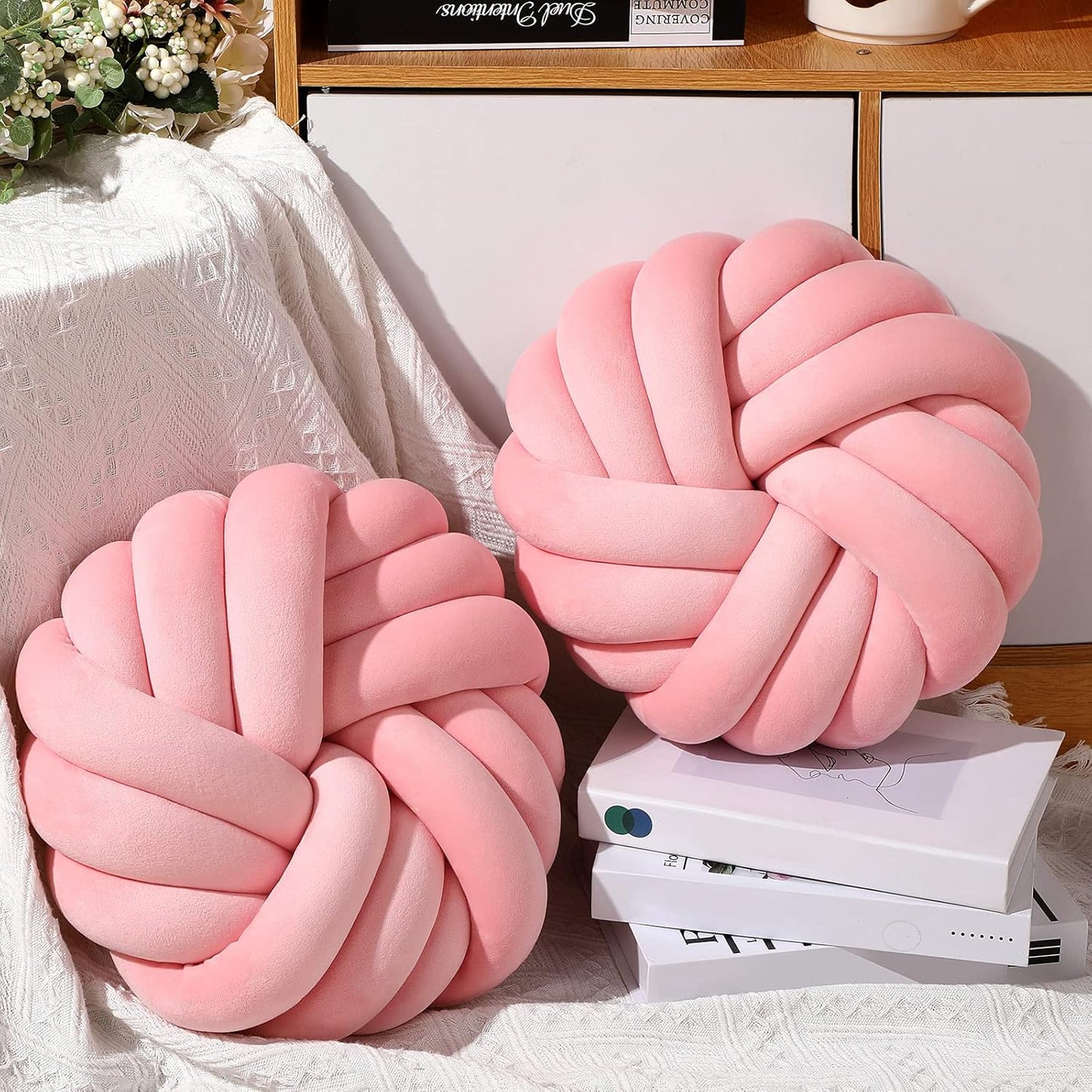 Fumete 2 Pcs 14 Inches Knot Pillow Round Throw Soft Plush Knot Ball Pillow Handmade Knotted Modern Home Decorative Cushion for Bed Bedroom, Sofa, Couch (Pink)