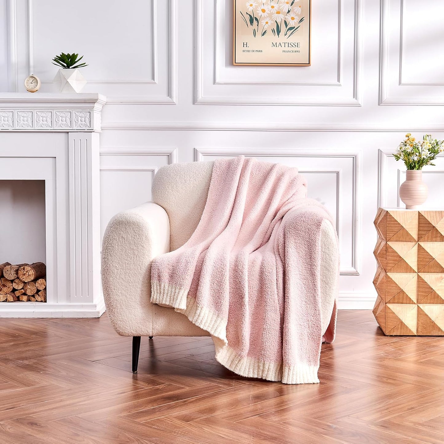 CozeCube Super Soft Fullfy Microfiber Reversible Knitted Blankets, Warm Cozy Fuzzy Plush Throw, Pink and White Melange Throw Blanket for Couch Bed Sofa, 50" x 60"