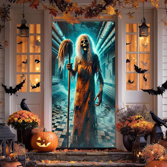 IVN Horror Door Banner 35x71 Inch Skeleton With Long White Hair Holding Mop Abandoned Corridor Background Blue Light Smoke Haunted Halloween Porch Decoration Scary Spooky Horror Theme