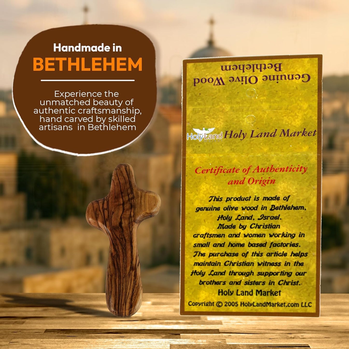 Holy Land Market Palm Sized Olive Wood Comfort Cross with Velvet Bag & Certificates, Holy Land Olive Wood Cross Handmade in Bethlehem, 4 In (6 Pack holy land comfort cross)