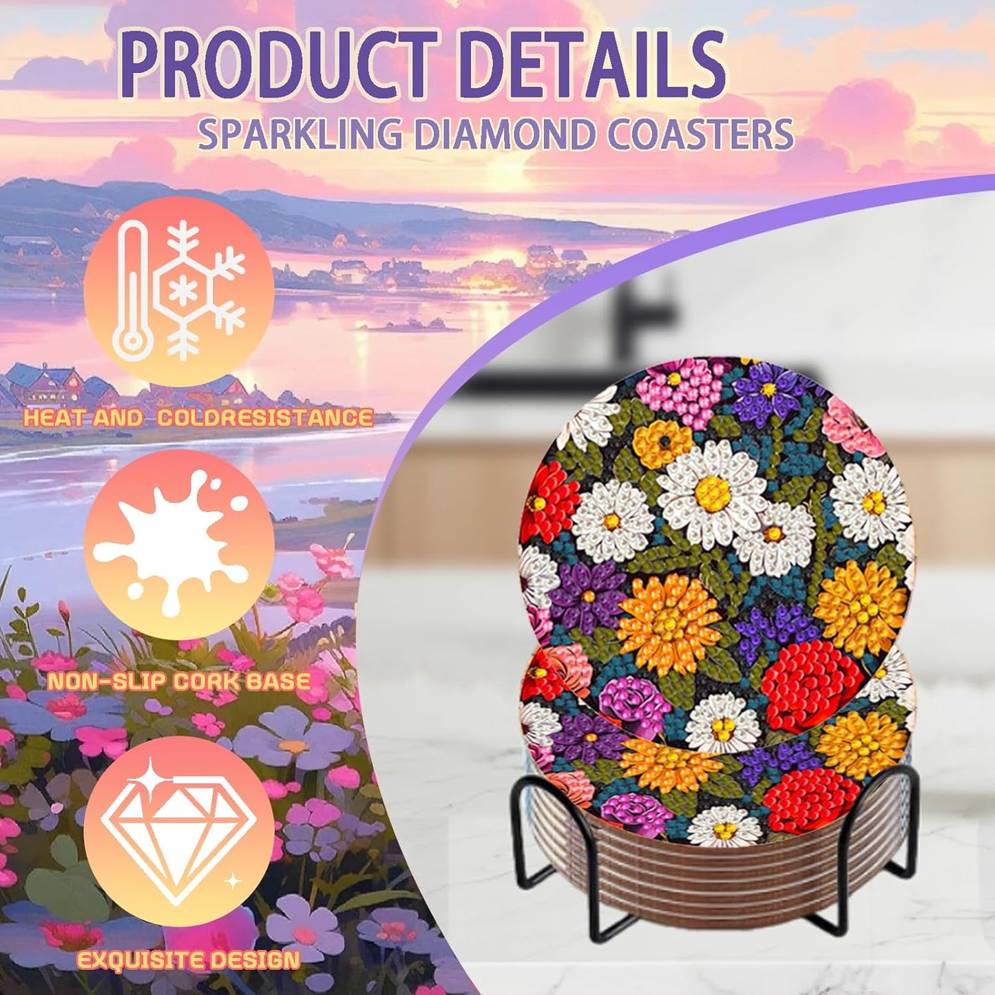 DOZEEZOP 8 PCS Flowers Diamond Art Coasters Kit, 5D Diamond Painting Coasters with Holder, Fall Small Diamond Art Kits for Adults Beginners, Diamond Dots Arts and Crafts Supplies