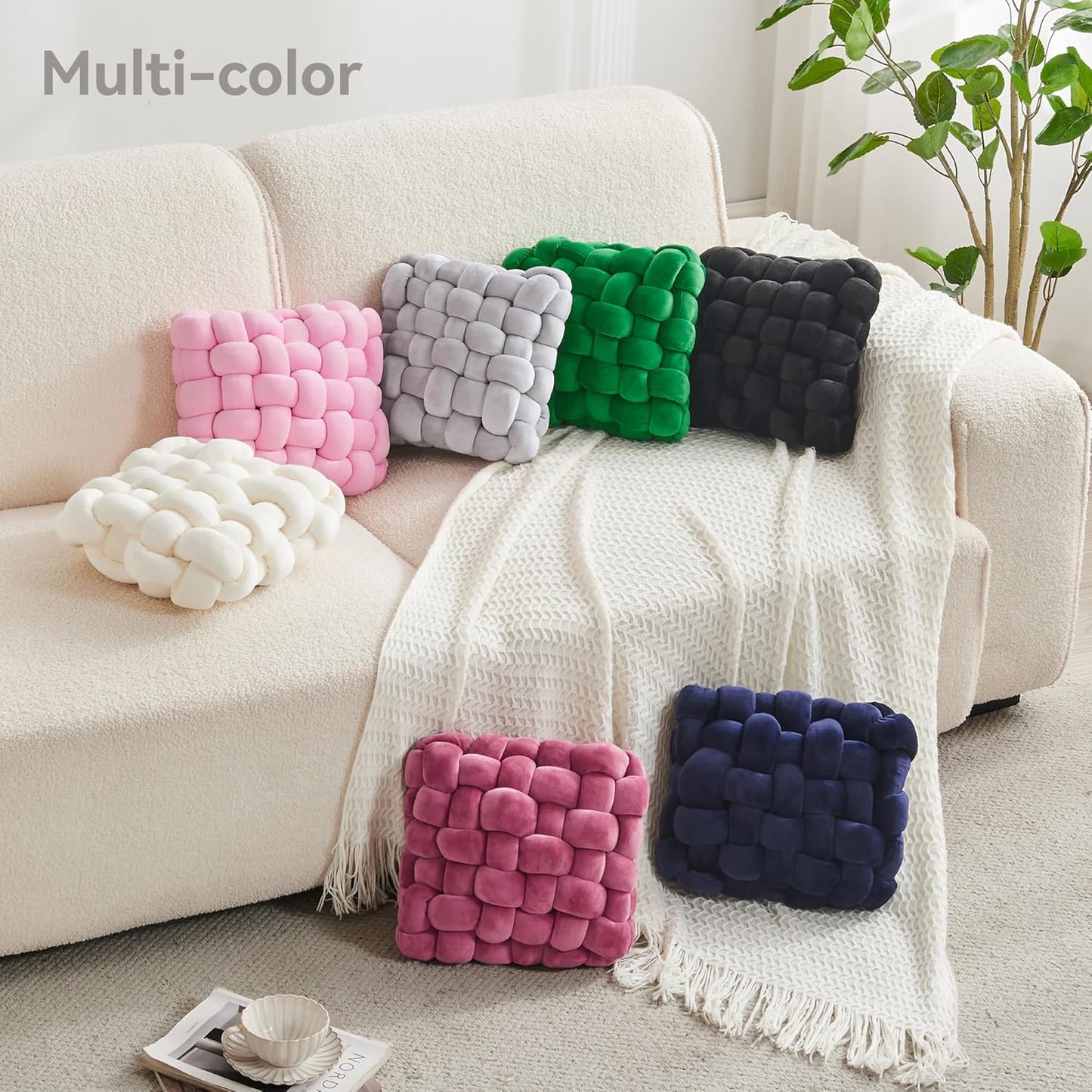 JELLYMONI Grey Square Knot Throw Pillow, Large Size Home Decorative Pillows, Decorative Ins Throw Pillows, Soft Velvet Knotted Decor for Bedroom, Living Room and Couch (L- 15"×15"×4", Grey)