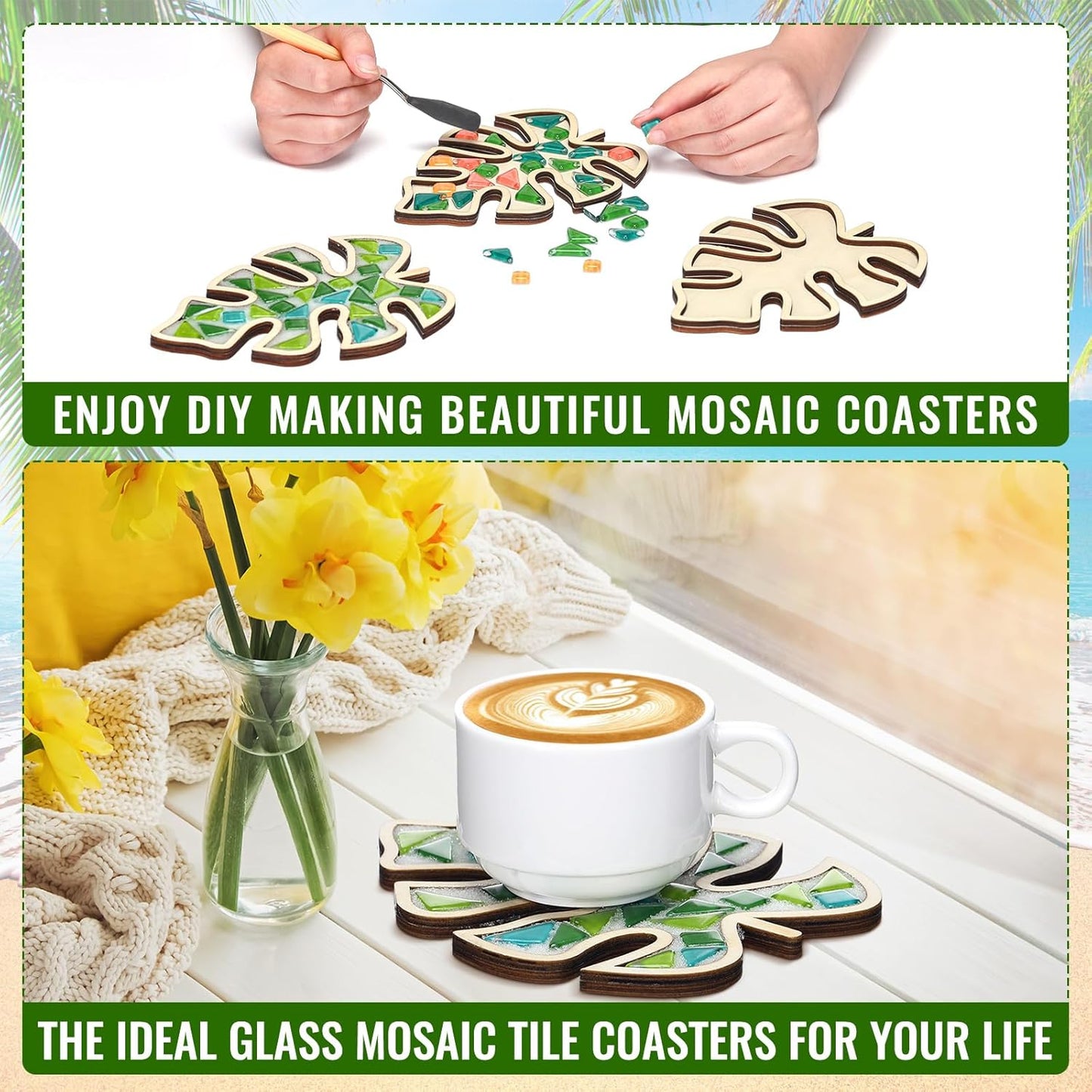 Honeydak 6 Sets DIY Leaves Glass Mosaic Tiles with 6 Sets Leaves Wooden Coasters Making Mosaic Crafts Materials Package Mixed Stained Glass Kit for Handmade Colourful Home Gifts Indoor Decor