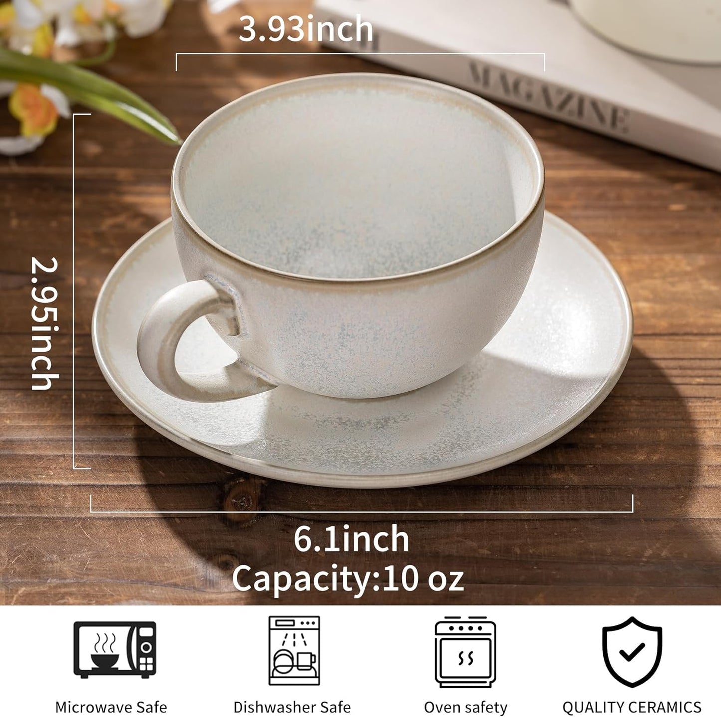 Cup and Saucer Set Turquoise Ceramic Cappuccino Mug Set of 1-10 oz Microwave and Dishwasher Safe, Perfect For Tea, Espresso, Latte - Porcelain Mugs for Kitchen or Cafe