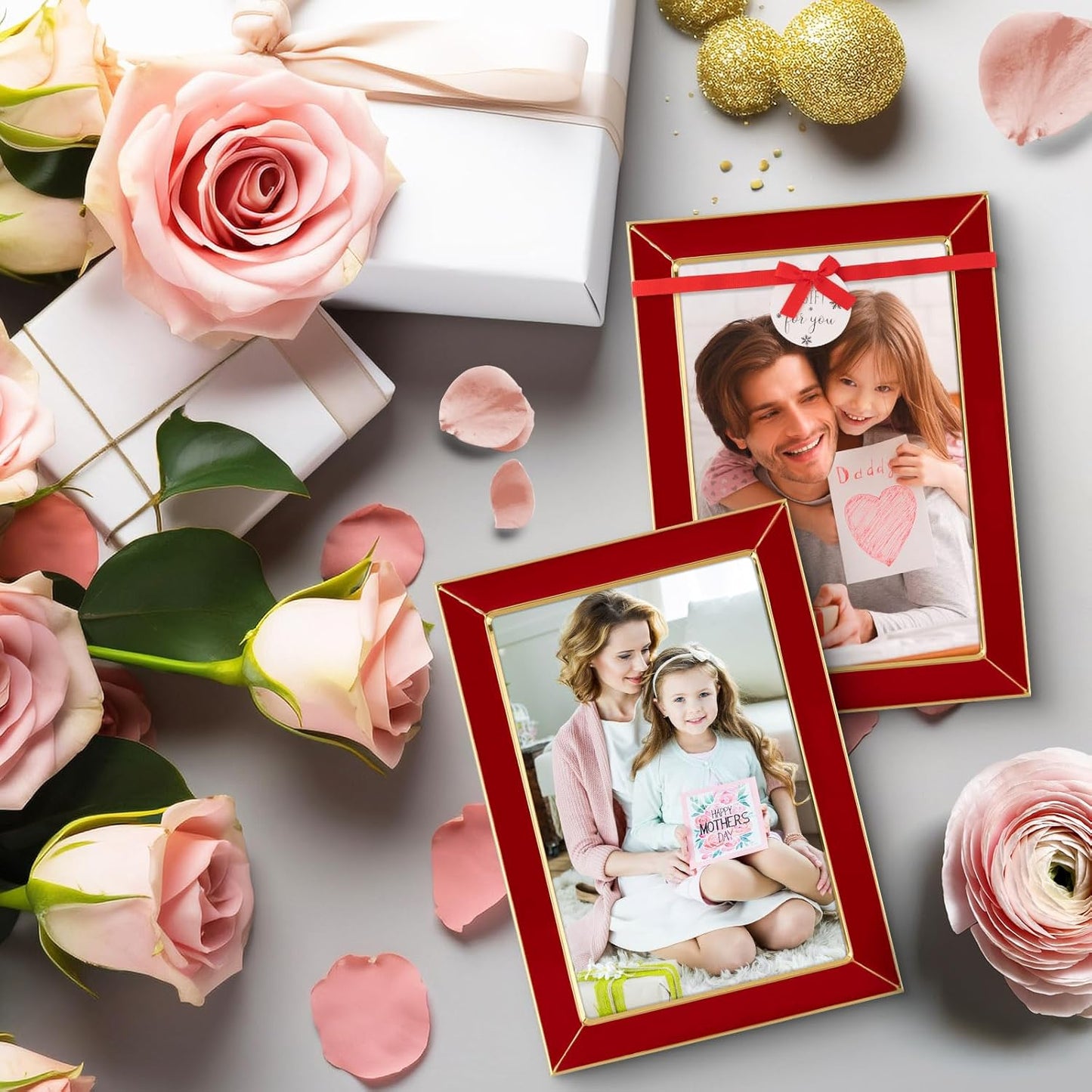 Frametory Enamel Picture Frame - 4x6 Gold Metal Edge Red Enamel Picture Frame With Easel and Velvet Back for Tabletop Display, Bookshelf, 4x6 Wall Decoration, Photo Frames-2 Set