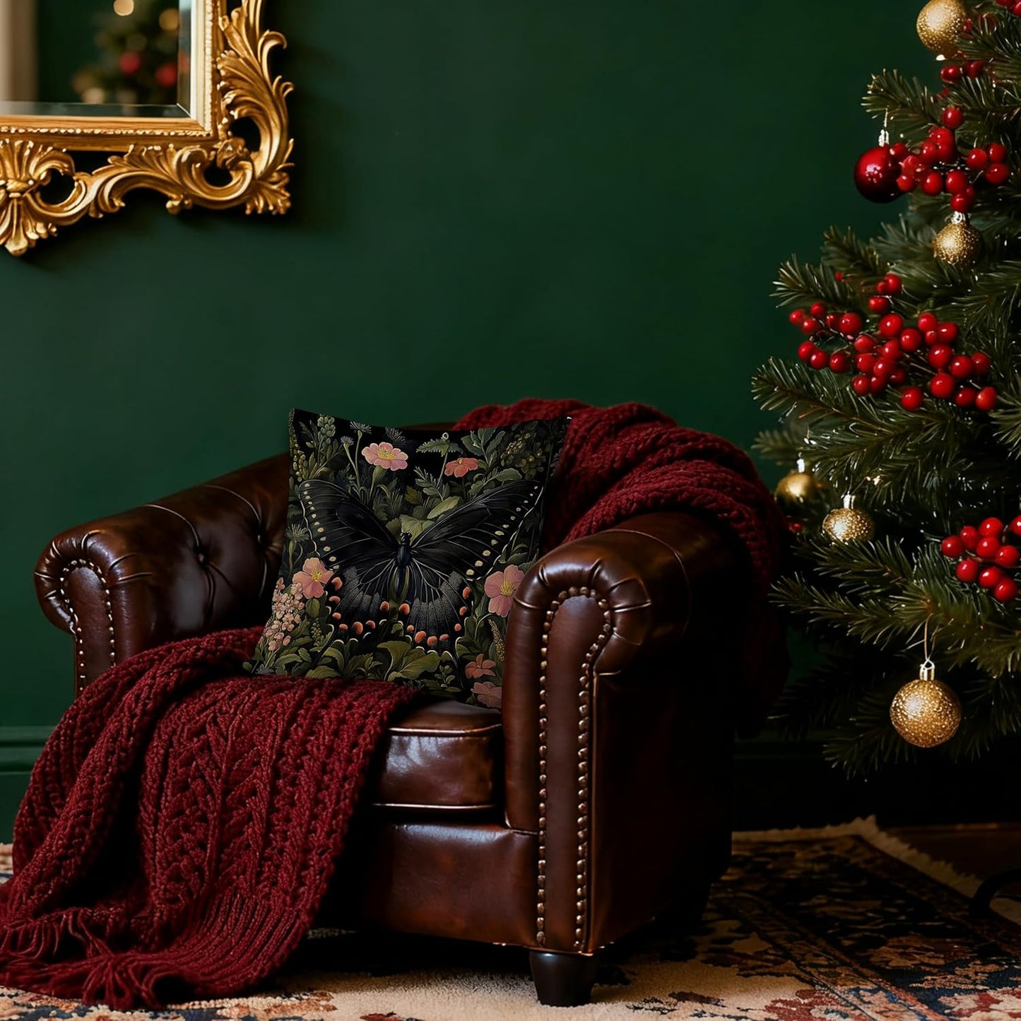 Floral Black Butterfly Pillow Covers 18x18, Dark Cottagecore Wildflower Botanical Moth Decorative Throw Pillow Covers for Bedroom Living Room Home, Butterfly Room Decor