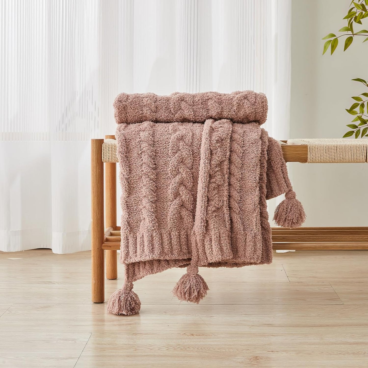 HORIMOTE HOME Chenille Chunky Knit Throw Blanket for Couch with Tassels, Soft Cozy Blanket for Sofa Chair Bed, Dusty Pink, 50"x 60"