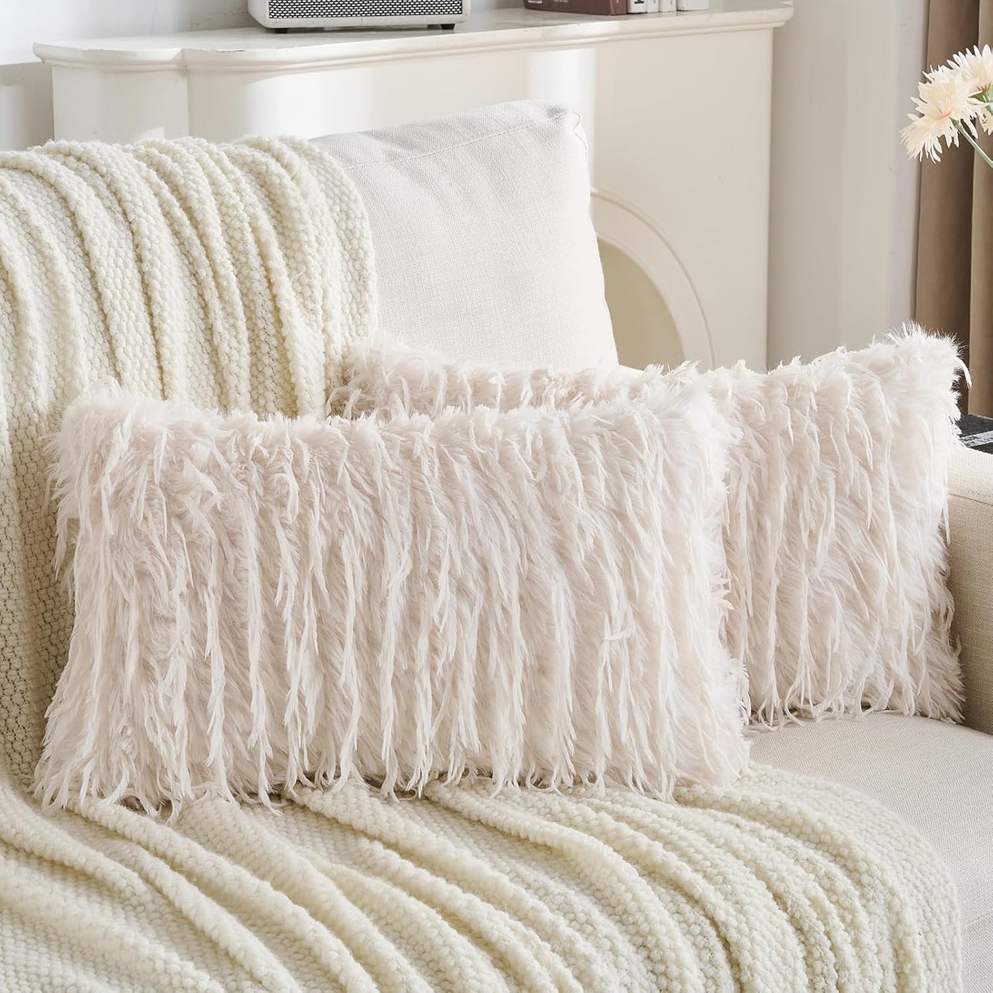 FUTEI Cream White Decorative Throw Pillow Covers 12x20 Inch Set of 2,Soft Fluffy Faux Feather Texture Lumbar Pillow Cases,Modern Home Luxury Decor for Couch Bed Living Room