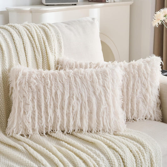 FUTEI Cream White Decorative Throw Pillow Covers 12x20 Inch Set of 2,Soft Fluffy Faux Feather Texture Lumbar Pillow Cases,Modern Home Luxury Decor for Couch Bed Living Room