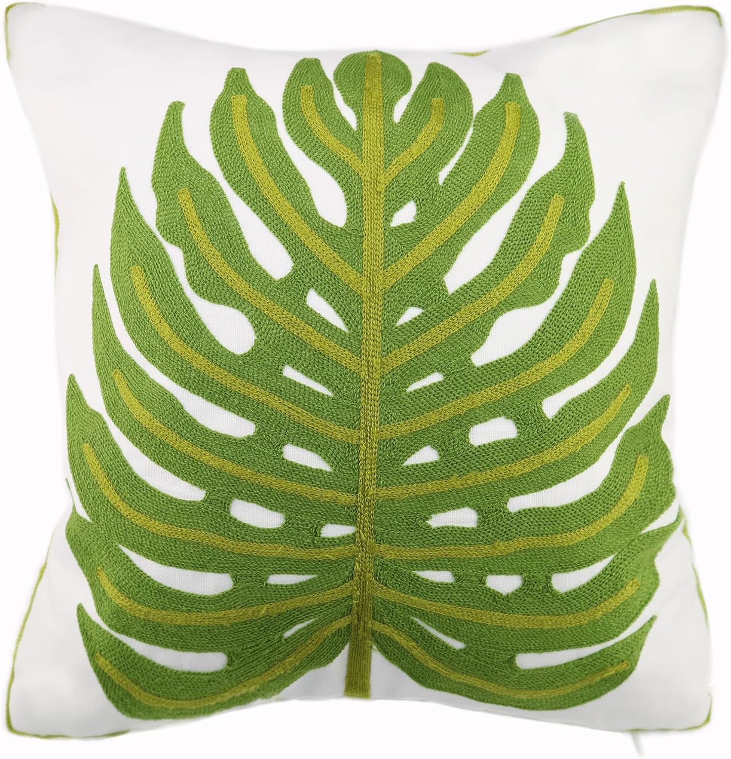 Embroidery Throw Pillow Cover 18x18 Home Decor Green Leaf Floor Pillow Cover for Couch 100% Cotton Cushion Cover Pillowcase Tropical Monstera Leaves Embroidered 45x45cm, 1 Piece