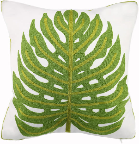 Embroidery Throw Pillow Cover 18x18 Home Decor Green Leaf Floor Pillow Cover for Couch 100% Cotton Cushion Cover Pillowcase Tropical Monstera Leaves Embroidered 45x45cm, 1 Piece