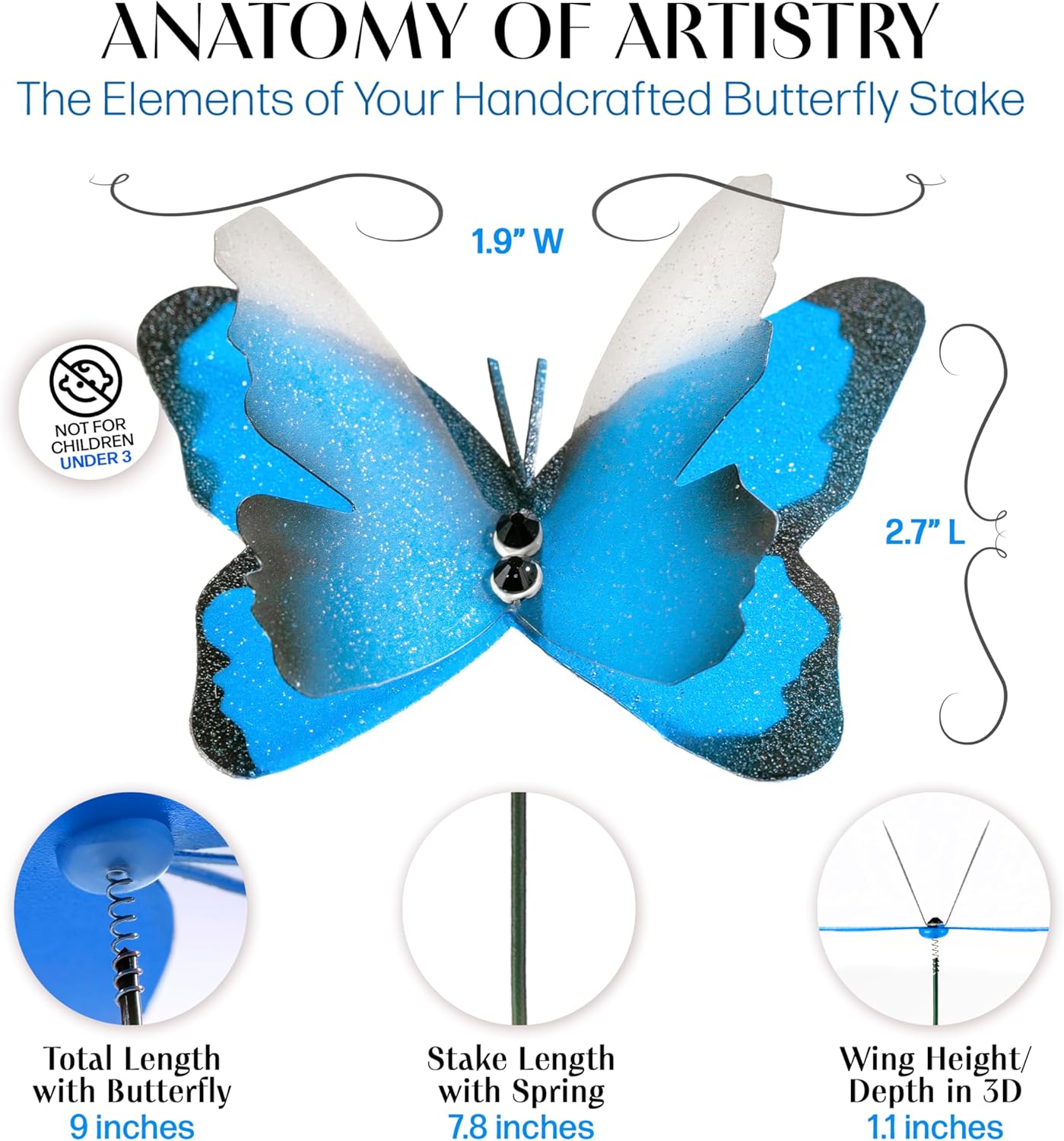 Handmade Butterfly Garden Stakes – Set of 7 Sky Blue Decorative Butterflies Idea for Garden & Nature Lovers – Outdoor & Indoor Garden Decor – Air Aquarium Handmade by Kushner