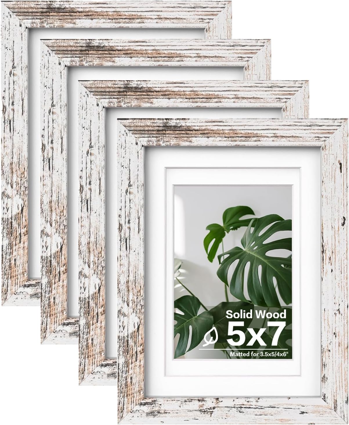 Egofine 5x7 Picture Frames Set of 4, Made of Solid Wood Covered by Plexiglass 3.5x5 and 4x6 with Mat or 5x7 without Mat, for Table Top Display and Wall Mounting Photo Frame Rustic White