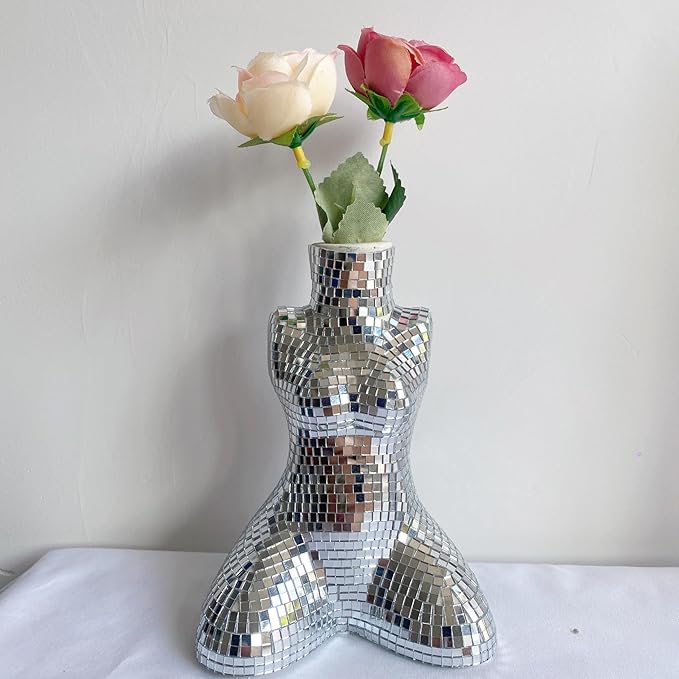 Modern Chic Vase, Handmade Ceramic Disco Flower Vase for Office Bedroom Living Room, Modern Bohemian Home Decoration,Silver,4x2.8x5.7inches