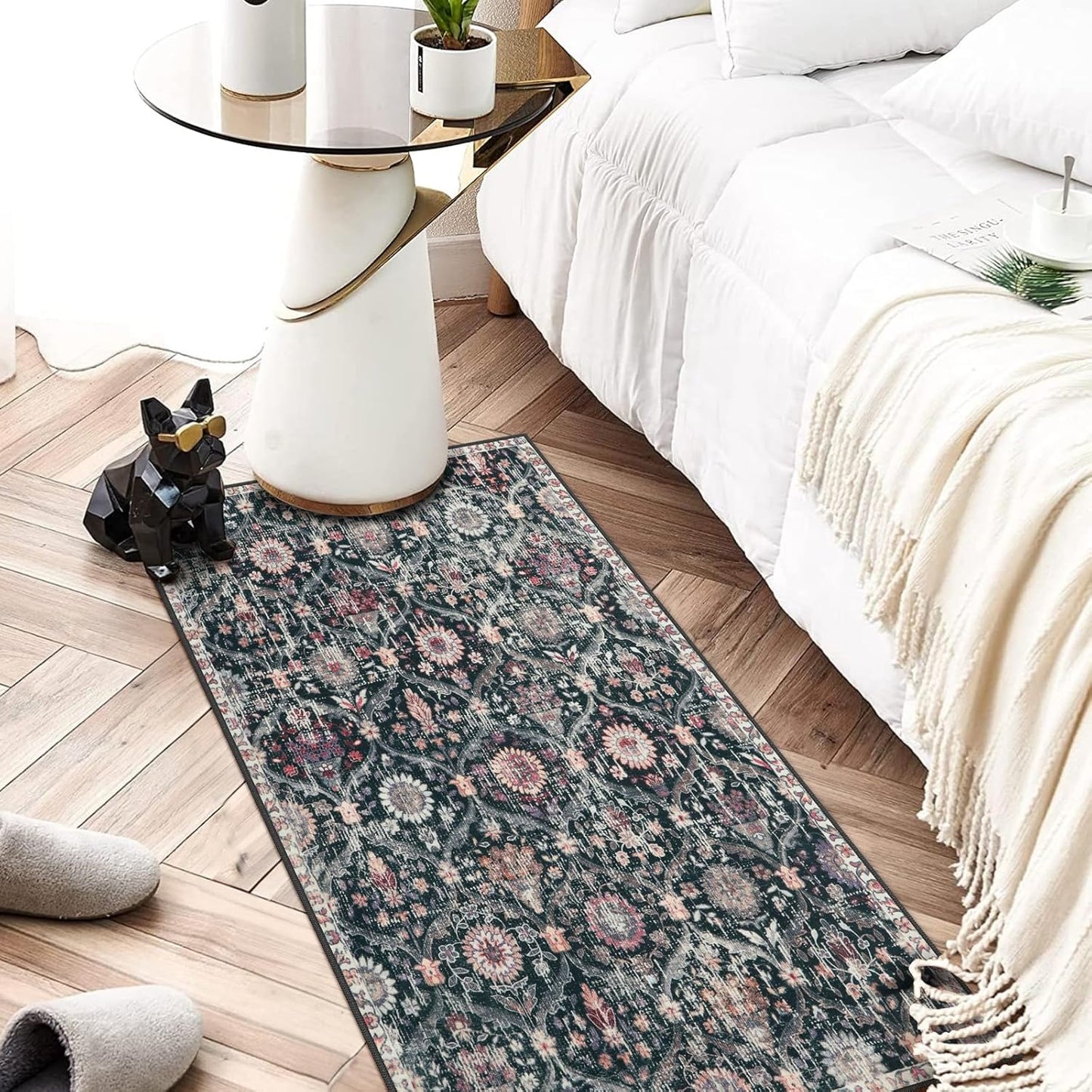 Lahome Kitchen Rugs Non Slip Washable Rugs for Entryway, 2x4 Rug Non-Slip Moroccan Trellis Ultra-Thin Indoor Door Mat Small Carpet for Bathroom Bedroom Entry, Black/Multi