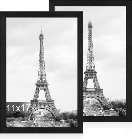 iRahmen 11x17 Picture Frame Set of 2, Black Poster Frames with Plexiglass, Wood Frame Display Pictures 11 x 17 for Photo Horizontal or Vertical Wall Mounting