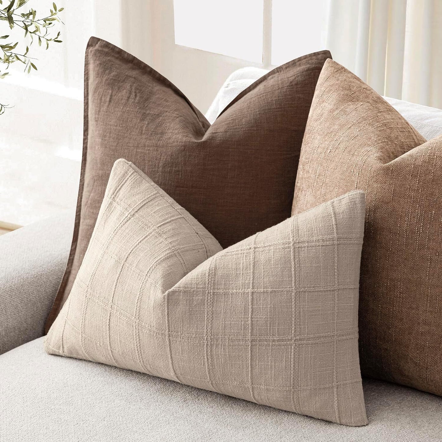 Foindtower Set of 2 Decorative Linen Check Throw Pillow Covers Neutral Farmhouse Lumbar Cushion Covers Modern Boho Home Decor for Sofa Chair Couch Bedroom Living Room,12×20 Inch,Natural Linen