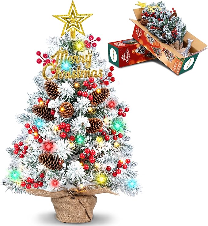 24 Inch Tabletop Christmas Tree with Colorful LED Lights, Snow Flocked Mini Xmas Tree with Ornaments, Pinecones, Berries, Burlap Pot Base, Battery Powered for Holiday Decor Office, Indoor Display