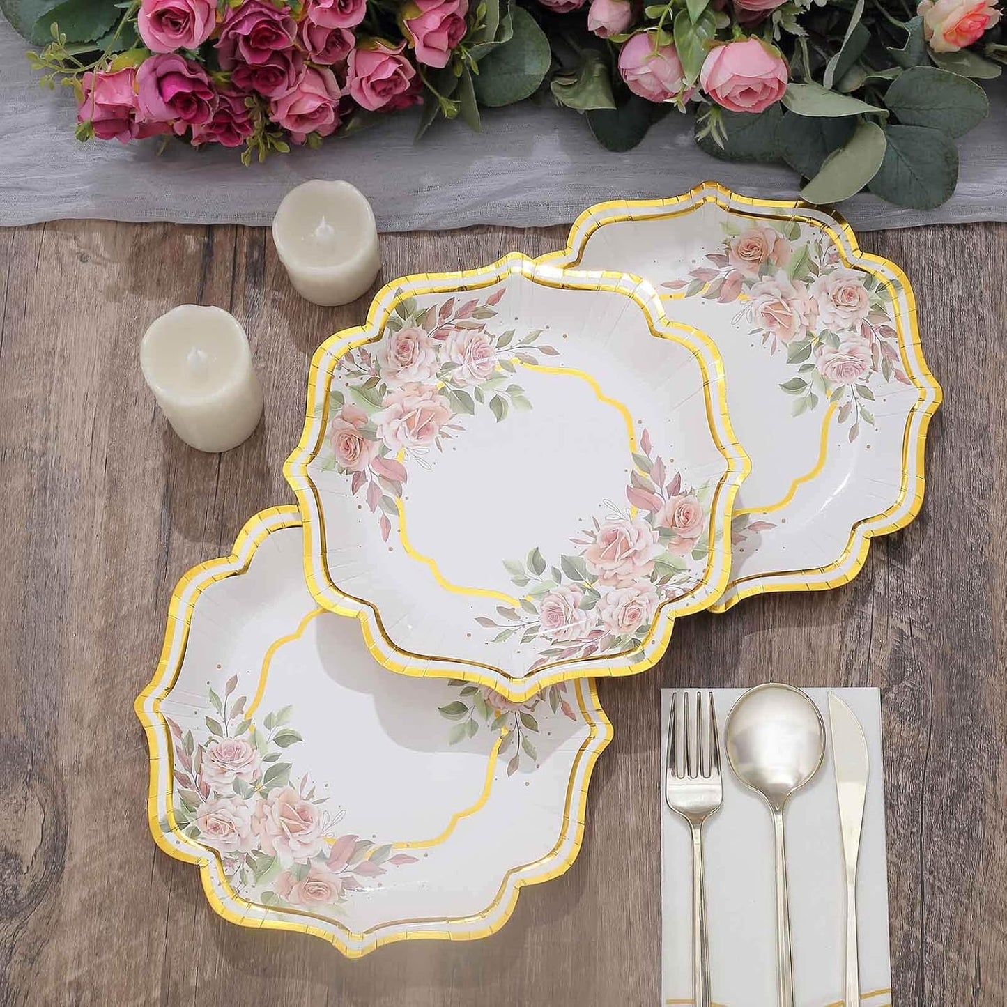 Efavormart 25 Pack | White/Gold Floral 8" Scallop Rim Dessert Appetizer Party Paper Plates, Disposable Salad Plates - 300 GSM