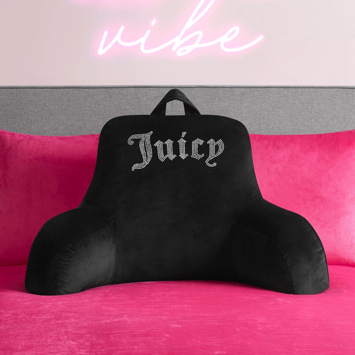 Juicy Couture Velour Backrest Pillow with Rhinestone Juicy Logo - 30"x17", Black Supportive Bed Rest Pillow for Reading, Gaming, or Relaxing