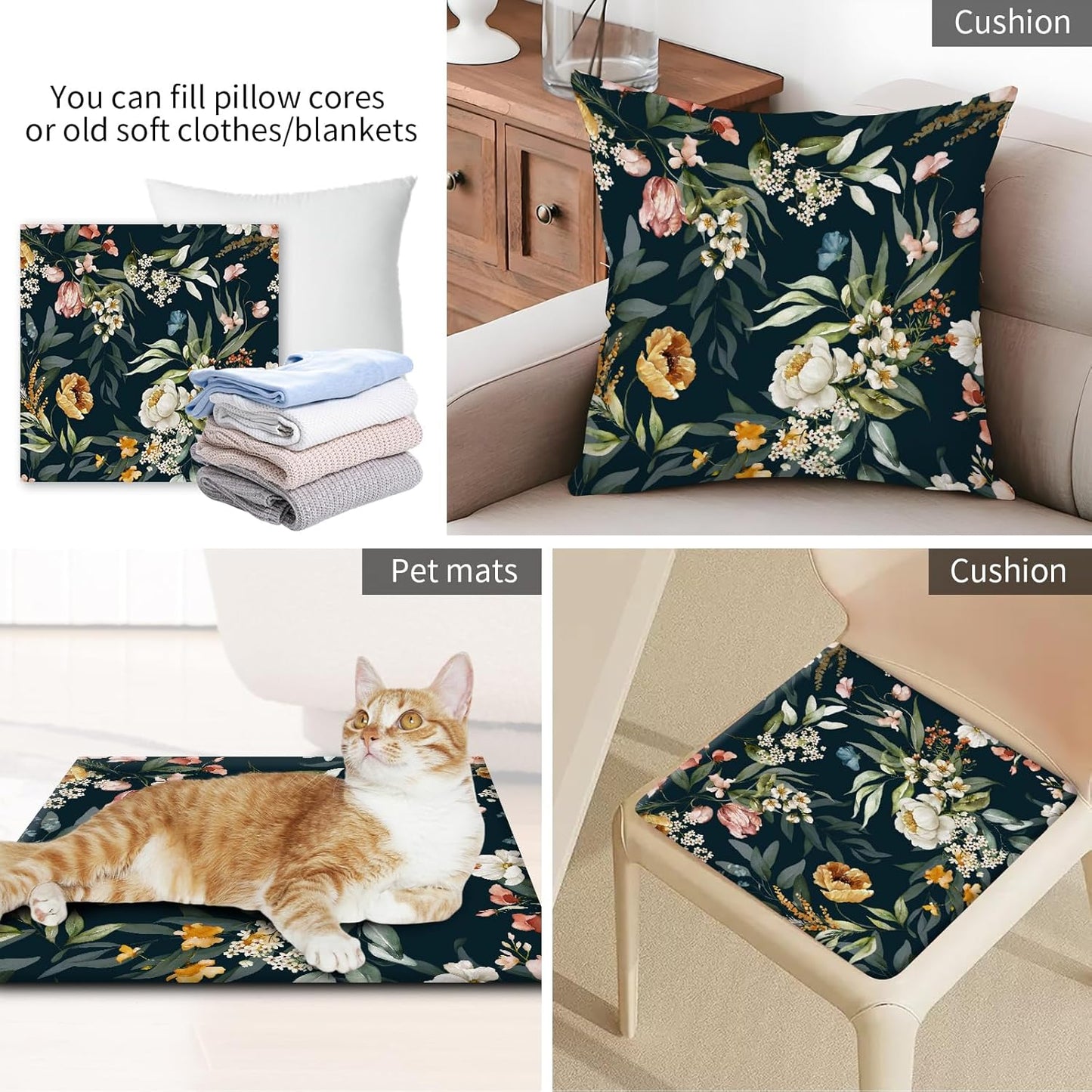 Decorative Throw Pillow Covers 18x18 Inch, Cute Home Decor for Living Room Outdoor Funny Pillowcase Polyester Cushion Case Dark Floral Navy