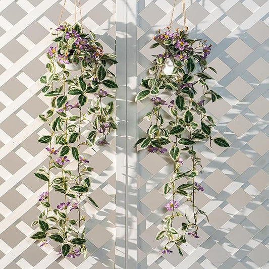 2PCS Artificial Hanging Plant with Pot Faux Hanging Plants Small Hanging Plants Pot with Artificial Vines and Flower Greenery Decoration for Living Room Wall Home Wall Shelf
