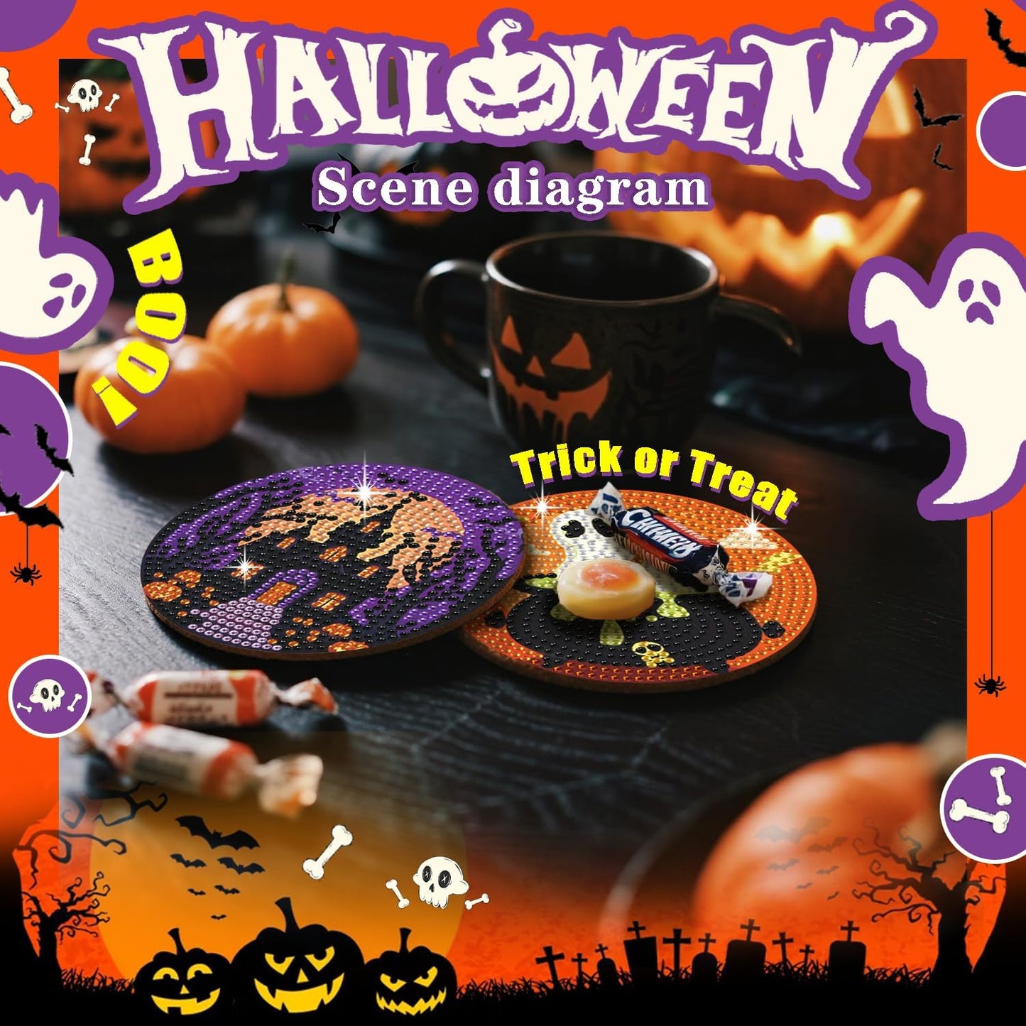 Leatrice 6PCS Halloween Diamond Art Coasters Kits Small Diamond Painting Kits for Adults Beginners Women Gem Art Coasters with Holder Funny Arts Supplies for Halloween Party Trick or Treat