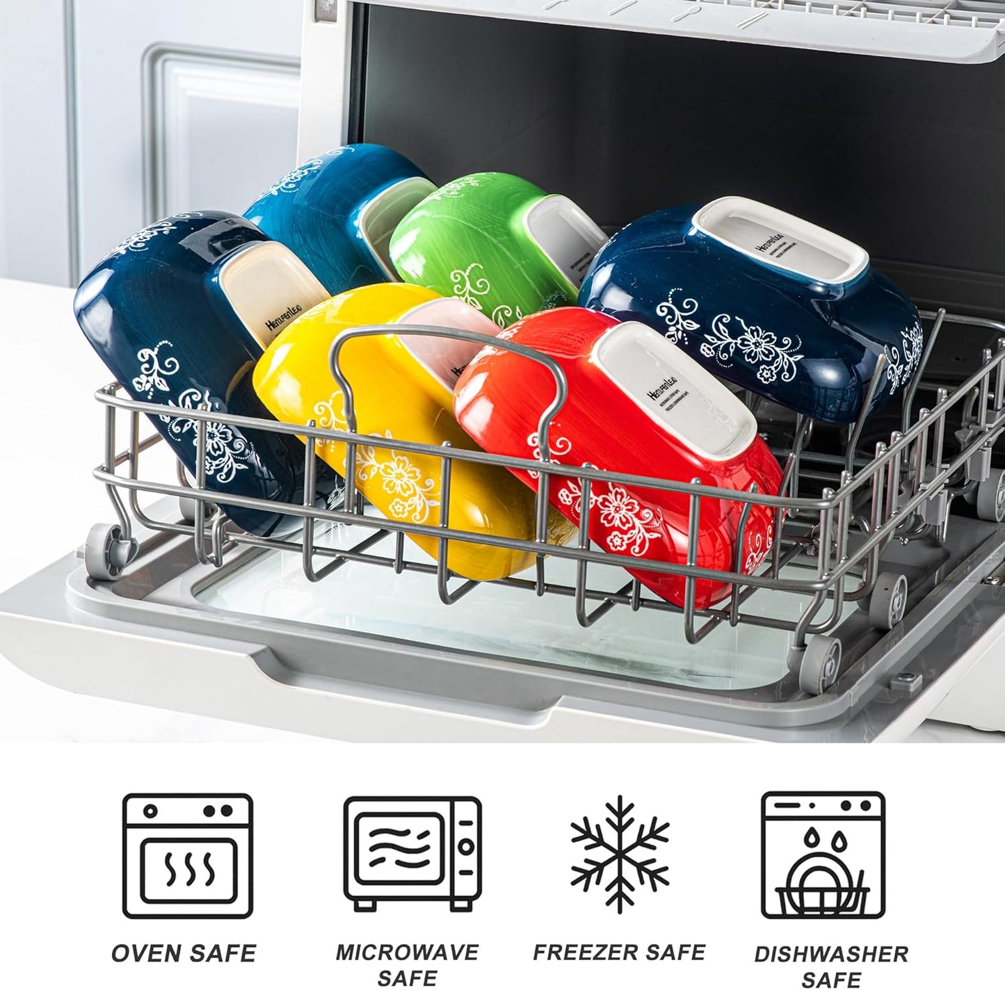 HENXFEN LEAD Boho Ceramic Square Bowls – 20 oz Colorful Bowls for Snacks, Dessert, Side Dishes, Pasta - 6 Inches Appetizer Plates Set of 6, Microwave & Dishwasher Safe