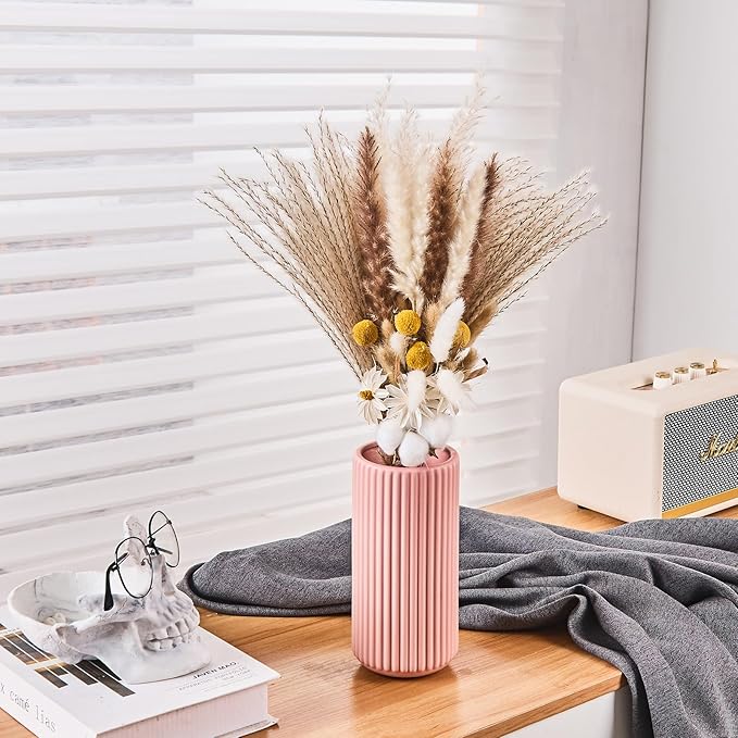 Pink Ceramic Flower Vase for Pampas Grass, 8 inch Small Decorative Centerpiece Ribbed Vase for Dining Table, Office Desktop, Shelf Bookshelf, Mantel, Entryway, Bathroom, Countertop, Farmhouse, Gift