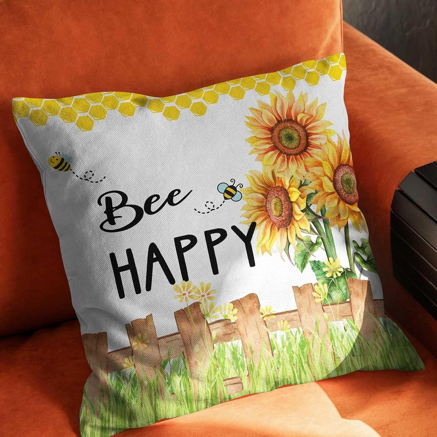 Bee Happy Sunflower Throw Pillow Cover,Sweet Honey and Bee Pillow Covers Spring Summer Farmhouse Home Decorative Pillow Case 18x18 Inch
