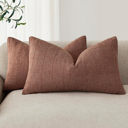 Foindtower Set of 2 Decorative Linen Check Throw Pillow Covers Neutral Farmhouse Lumbar Cushion Covers Modern Boho Home Decor for Sofa Chair Couch Bedroom Living Room,12×20 Inch,Autumnal Red