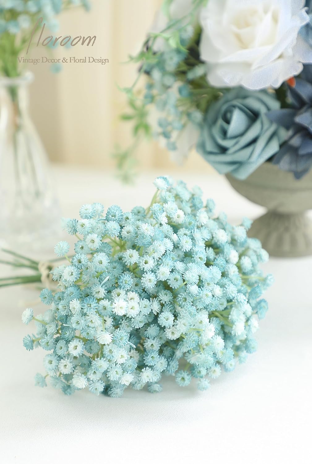Floroom 18pcs Artificial Babys Breath Gypsophila Greenery Sprays, Real Touch Dusty Blue Fake Flowers for Wedding Bouquets Centerpieces Floral Arrangements and Decorations