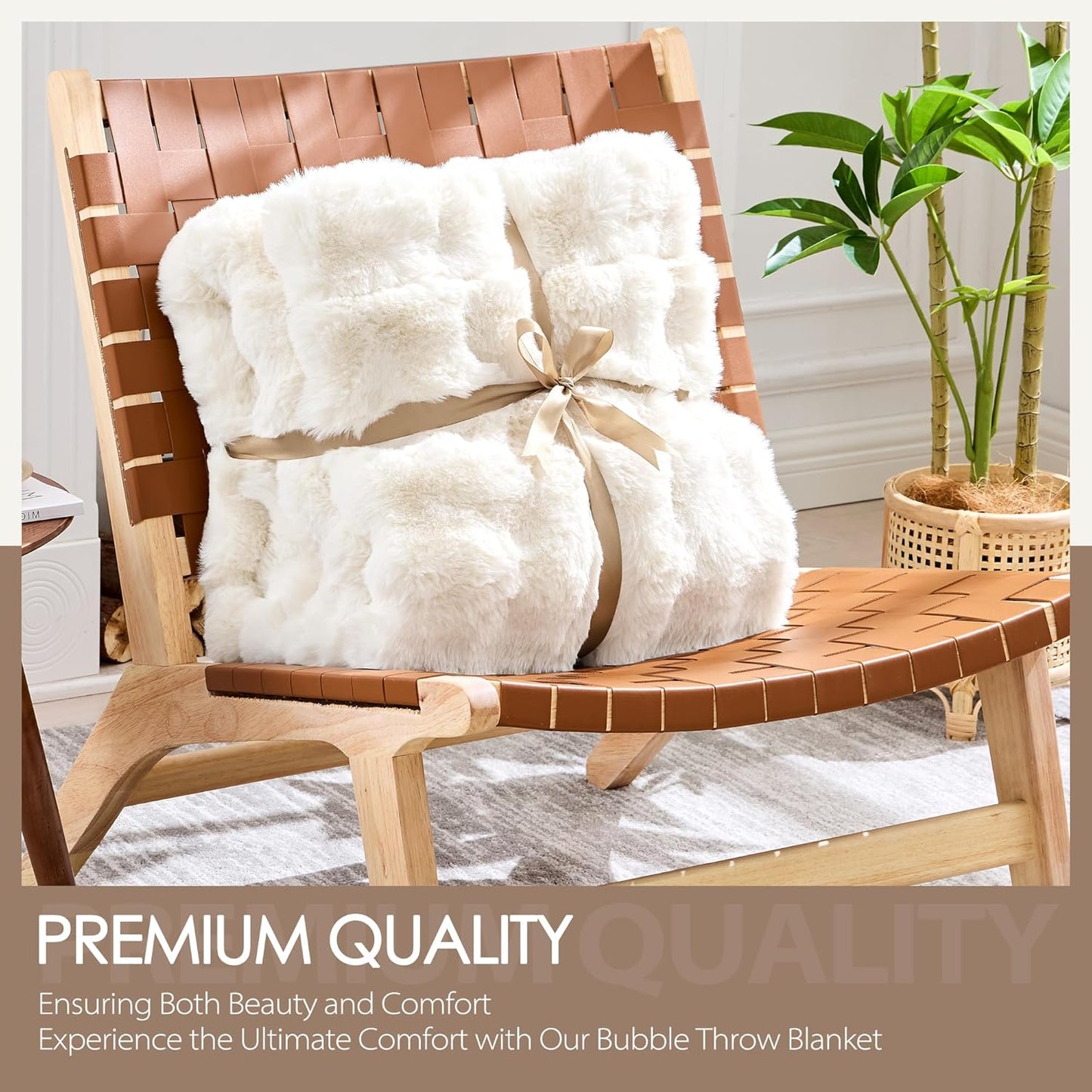 Luxury 1000GSM Faux Rabbit Fur Throw Blanket, Super Heavy Warm Cozy Blankets for Couch Bed Sofa, Bubble Plush Fuzzy Elegant Soft Reversible Mink Blanket for Living Room Bedroom, White