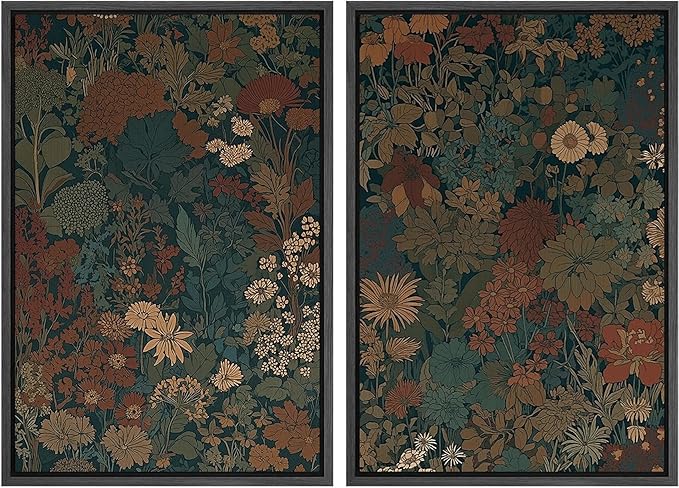 SIGNFORD Framed Canvas Print Wall Art Set Vintage Botanical Floral Dark Green and Rust Toned Illustration Modern Art Decorative Nordic Nature for Living Room, Bedroom, Office - 16"x24"x2 Black