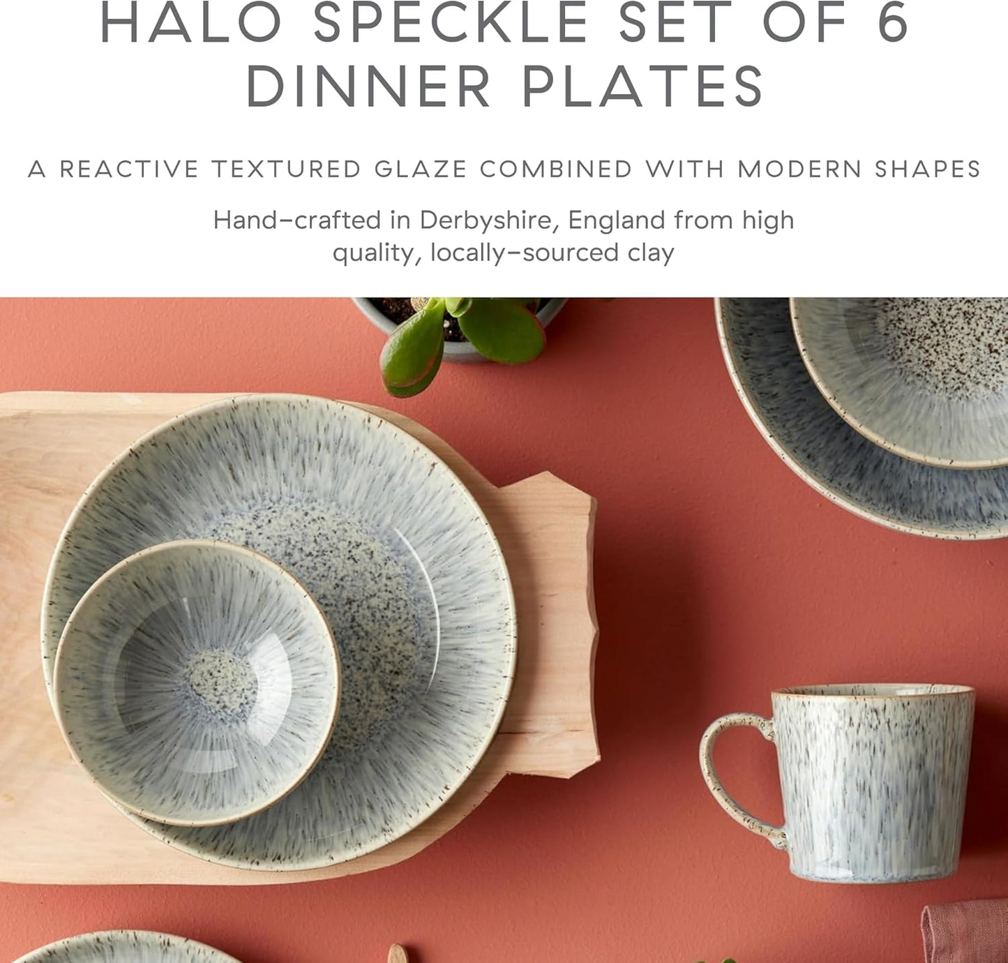 Denby - Halo Speckle Dinner Plates Set of 6-10.25 Inch Dishwasher Microwave Oven Safe - Scratch Chip Resistant - Grey, Neutral, Blue Large Ceramic Stoneware Dinnerware Plates Set