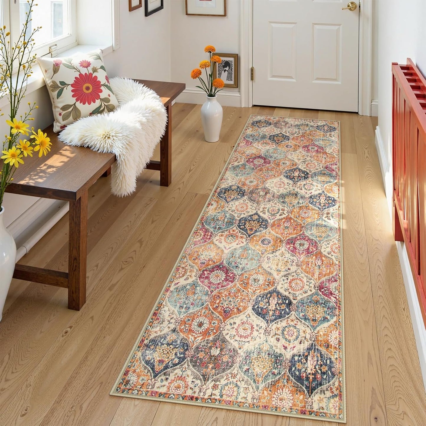 Lahome Moroccan Trellis Washable Runner Rug, 2x6 Kitchen Runners for Hallways 6 Feet Non Slip, Vintage Laundry Room Rug Ultra-Thin Long Carpet for Bathroom Bedroom Entryway, Cream/Multi