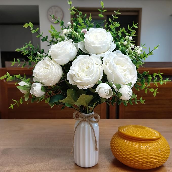 Fake Flowers in Vase, Ceramic Vase with Artificial Silk Flowers, Faux Eucalyptus Stems Flower Arrangement for Farmhouse Indoor Table Centerpiece, Bathroom Living Room Home Decor, Bedroom Decorations