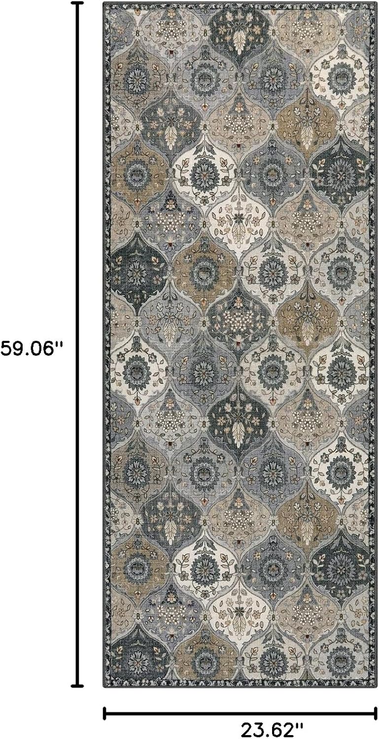Lahome Moroccan Trellis Kitchen Runner Rug, 2x5 Washable Runners for Hallways Non Slip Soft Hallways Rug Ultra-Thin Vintage Long Carpet for Bedroom Bathroom, Grey